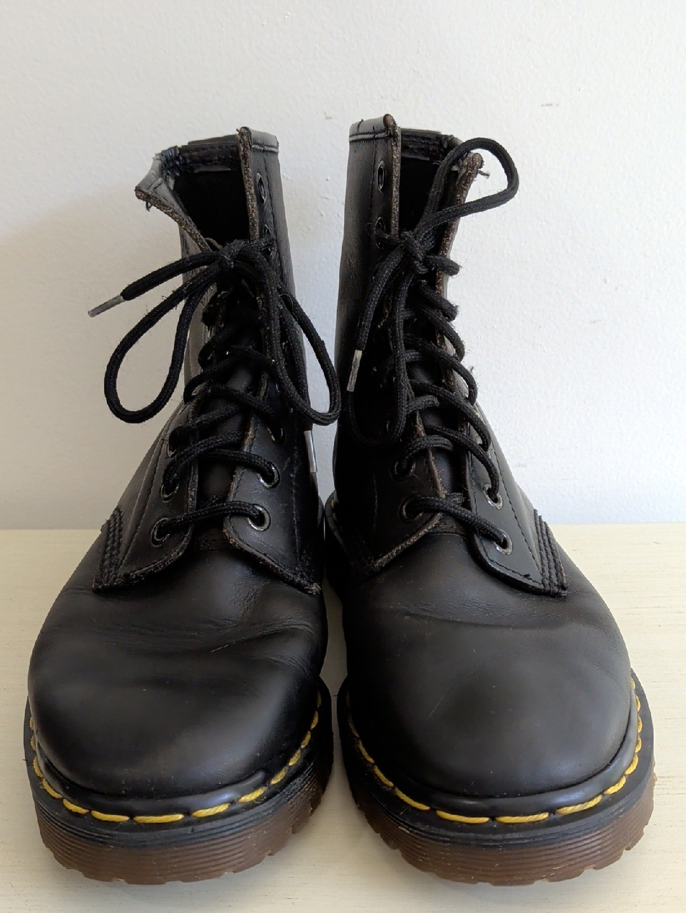 Dr. Martens Black Leather Lace-Up Ankle Boots with Yellow Welt Stitching Size 5